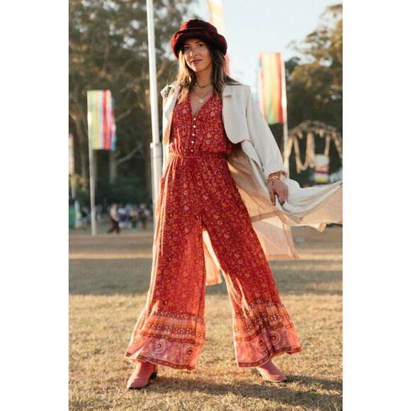 NWT Spell Dahlia Jumpsuit Wide Leg Red Floral Boho Festival Retro embroidered - Picture 5 of 16